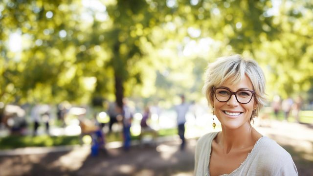 Smiling woman with short blonde hair and glasses in a sunny park setting, illustrating warmth and comfort, relevant to winter tooth sensitivity discussions.
