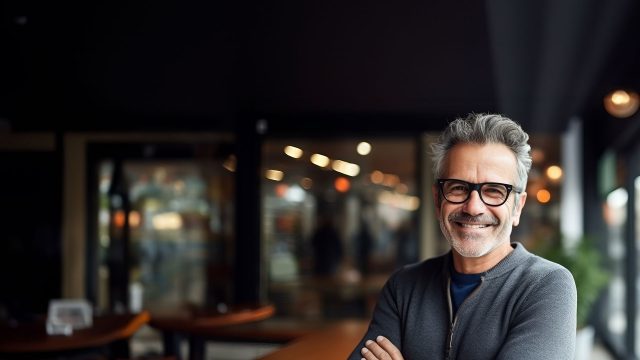 a middle-aged man smiling in front of a cafe/restaurant